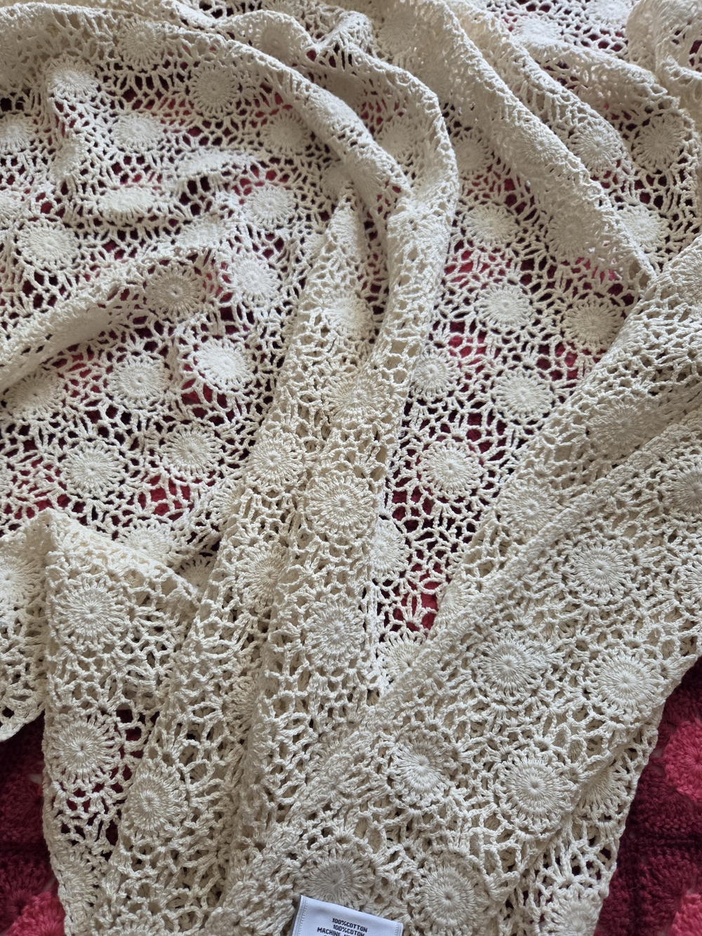 Crochet Lace Throw Blanket Or Table Cover – Cream